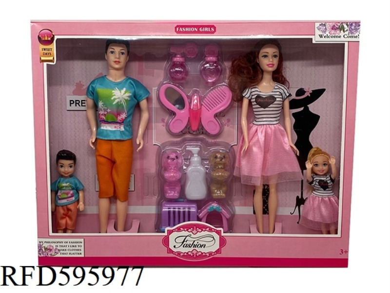 11.5 INCH REAL HANDS A FAMILY OF FOUR BARBIE WITH PUPPY PLASTIC MAKEUP PLASTIC.
