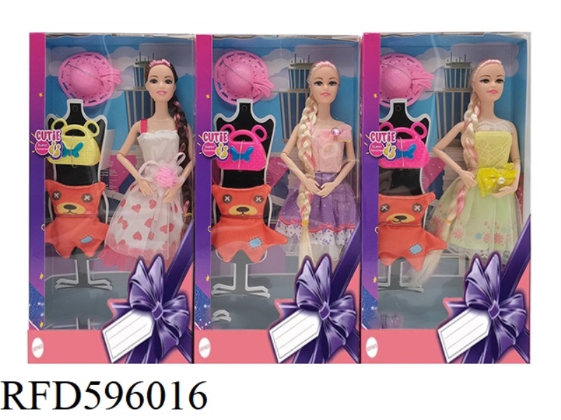 11.5 INCH REAL 9-JOINT FASHION DRESS BARBIE WITH SMALL COTTON BEAR BAG HAT 3 MIXED.