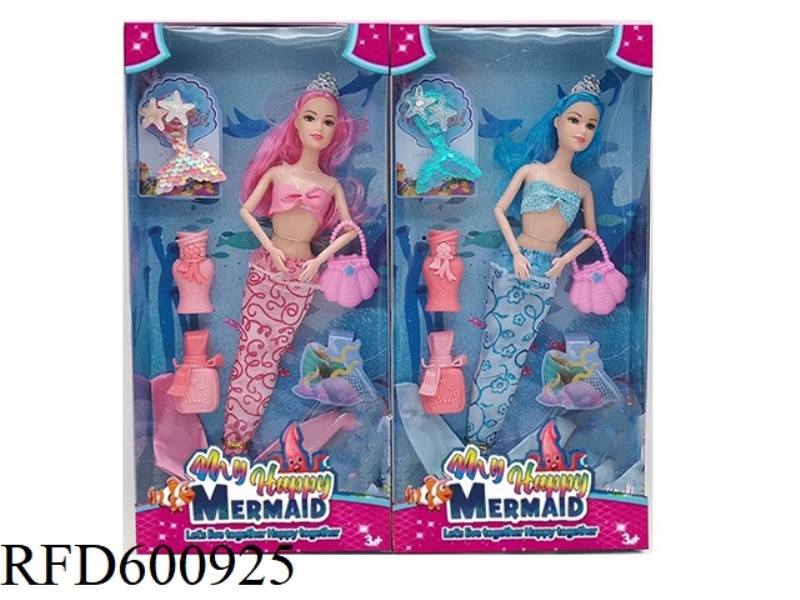 11.5 INCH REAL 9-JOINT MERMAID BARBIE WITH SHELL HANDBAG+HAIRPIN+VASE+WATER BOTTLE (2 MIXED)