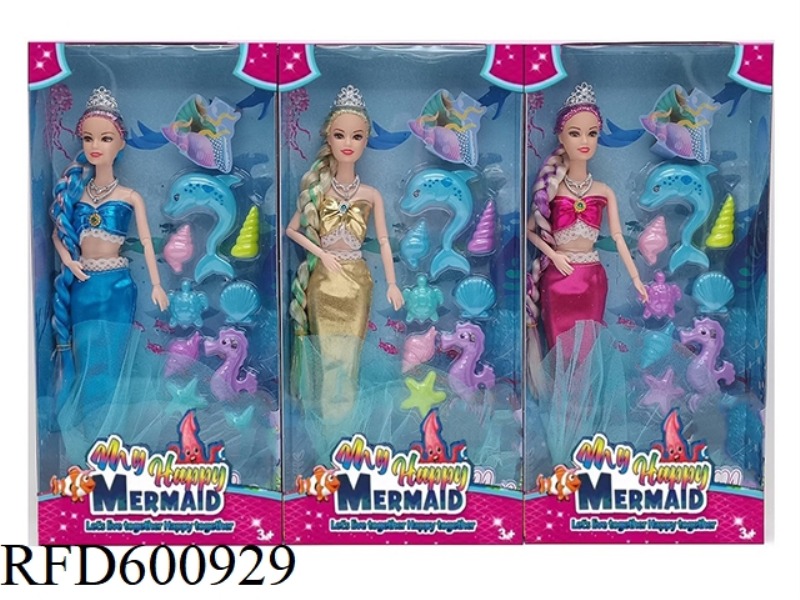 11.5 INCH REAL 9-JOINT TWO-COLOR LONG BRAID MERMAID BARBIE WITH DOLPHIN BLISTER SUIT (3 MIXED)
