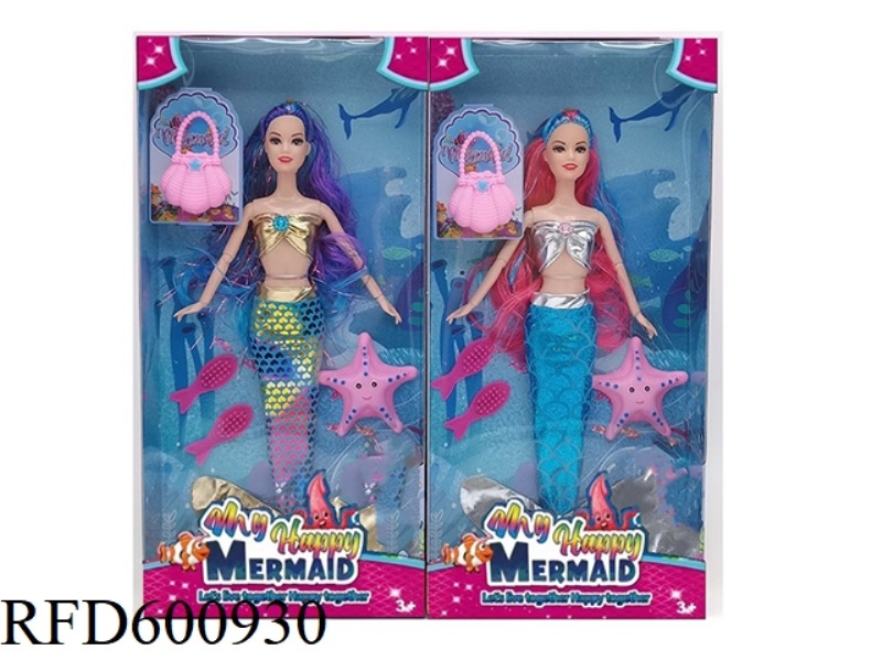 11.5-INCH REAL 9-JOINT MIXED-COLOR LONG-HAIRED MERMAID BARBIE WITH SHELL HANDBAG+STARFISH +2 SMALL F