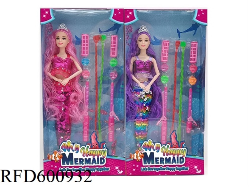 11.5 INCH REAL 9-JOINT LONG HAIR BEADED MERMAID BARBIE PLASTIC SUIT WITH JEWELRY (2 MIXED)
