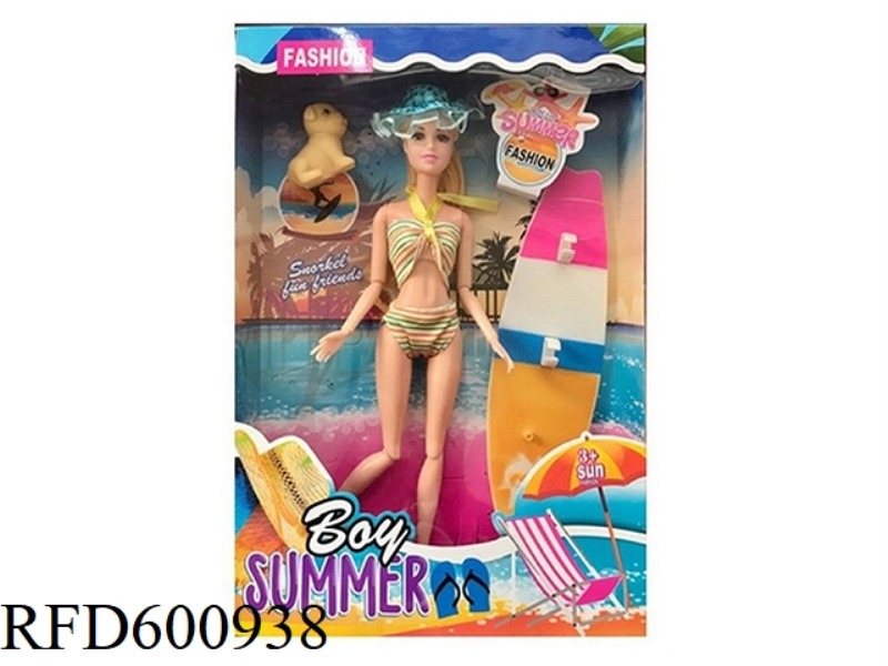 11.5 INCH FULL-SIZE 11-JOINT SWIMSUIT BARBIE WITH PUPPY+SURFBOARD