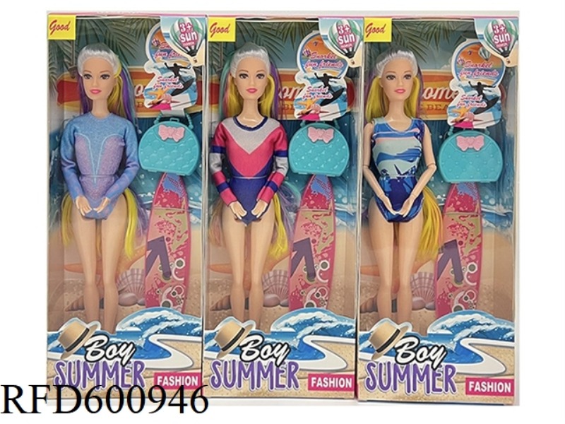 HIGH-QUALITY THICK-LEGGED 11.5-INCH REAL 9-JOINT COLORED HAIR SWIMSUIT BARBIE WITH SURFBOARD+HANDBAG