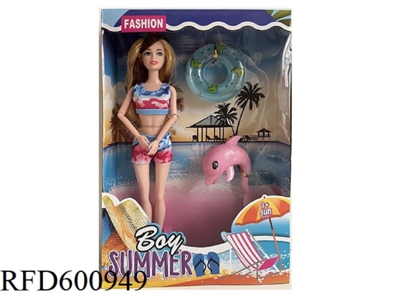HIGH-QUALITY THICK-LEGGED 11.5-INCH FULL-LENGTH 9-JOINT SWIMSUIT BARBIE WITH DOLPHIN+LIFEBUOY