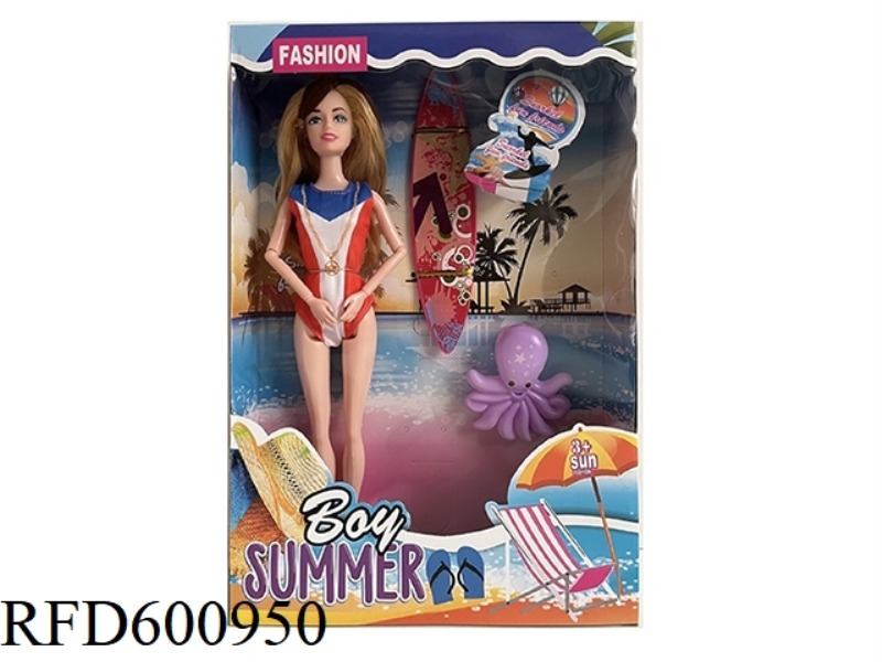 HIGH-QUALITY THICK-LEGGED 11.5-INCH REAL 9-JOINT SWIMSUIT BARBIE WITH SURFBOARD+SMALL OCTOPUS