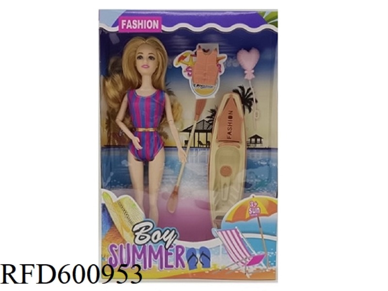 HIGH-QUALITY THICK-LEGGED 11.5-INCH FULL-LENGTH 9-JOINT SWIMSUIT BARBIE WITH BOAT+PADDLE+LIFE JACKET