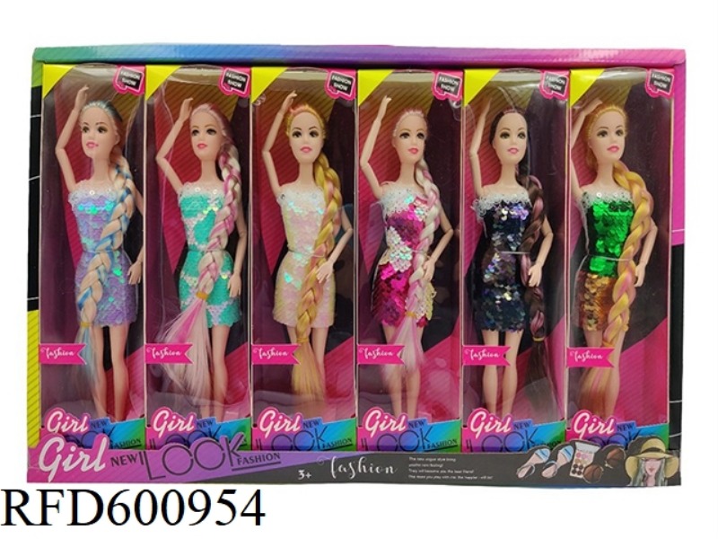 11.5-INCH REAL 9-JOINT TWO-COLOR LONG BRAID BEADED FASHION BARBIE (6 MIXED 6PCS)