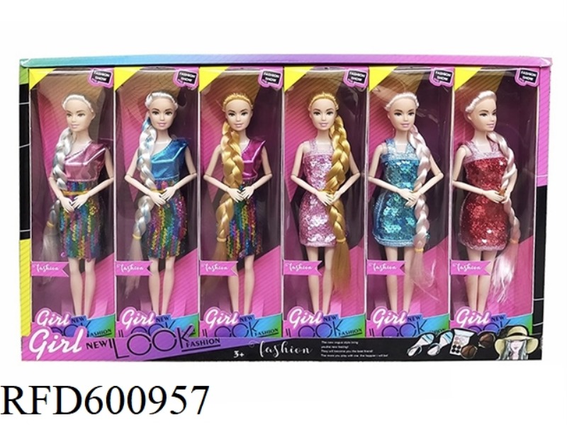 11.5 INCH REAL 9-JOINT TWO-COLOR LONG BRAID SEQUIN SKIRT FASHION BARBIE (6 MIXED 6PCS)