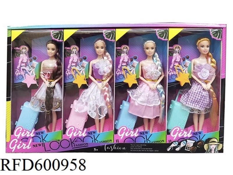 11.5 INCH REAL 9-JOINT TWO-COLOR LONG BRAID DRESS FASHION BARBIE WITH SUITCASE (4 MIXED 4PCS)