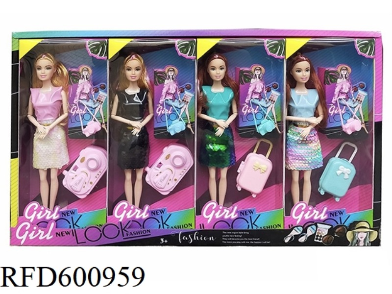 11.5 INCH REAL 9-JOINT LEATHER BEADED SKIRT FASHION BARBIE WITH CAMERA+SUITCASE (4 MIXED 4PCS)