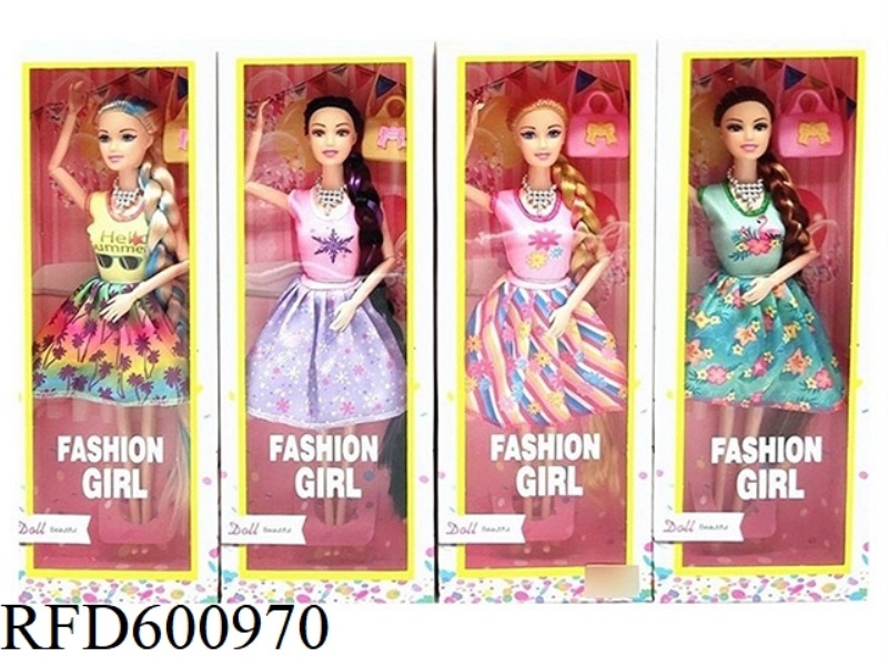 11.5 INCH REAL 9-JOINT TWO-COLOR LONG BRAID FASHION BARBIE WITH HANDBAG (4 MIXED)