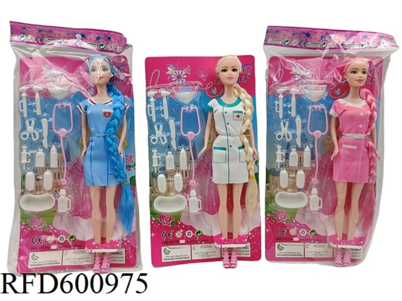 11.5-INCH REAL 6-JOINT LONG BRAID NURSE BARBIE WITH MEDICAL PLASTIC SUIT (3 MIXED)