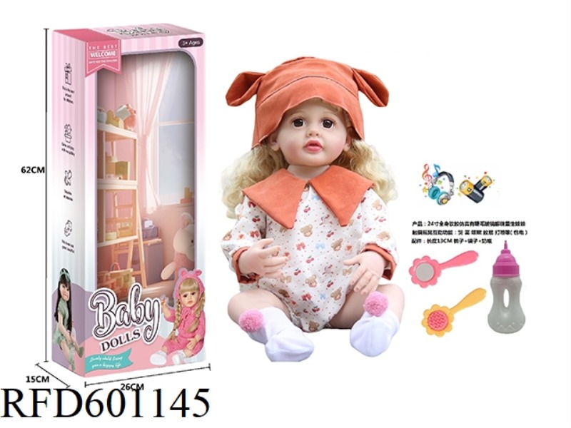 24-INCH WHOLE BODY SOFT RUBBER SIMULATION WITH EYELASH GLASS EYES REBORN DOLL WITH COMB MIRROR BOTTL