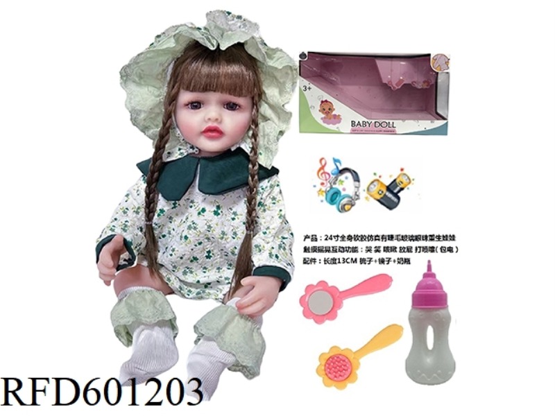 24-INCH WHOLE BODY SOFT RUBBER SIMULATION WITH EYELASH GLASS EYES REBORN DOLL WITH COMB MIRROR BOTTL