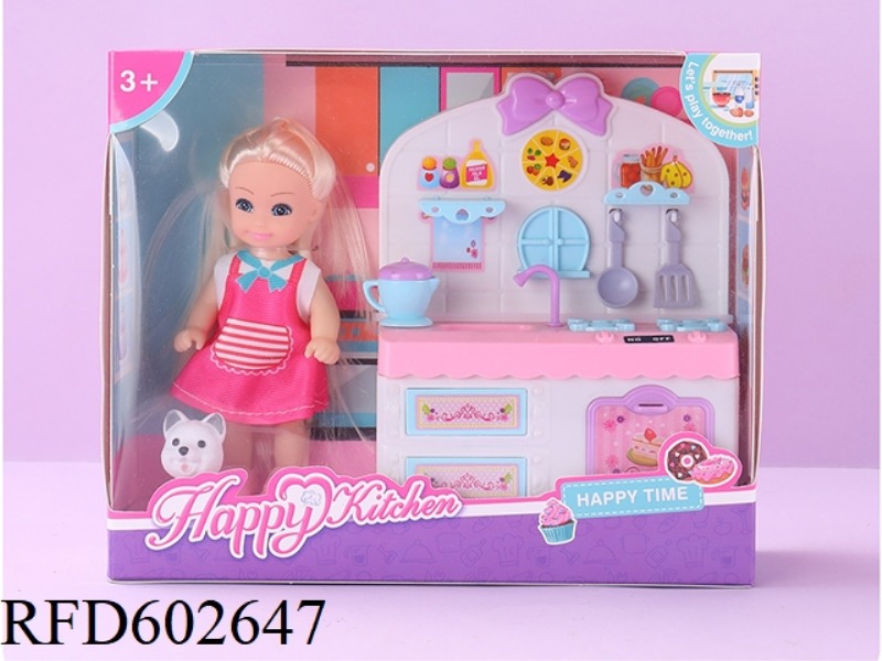 4.5 inch doll with cupboard, tableware and puppy