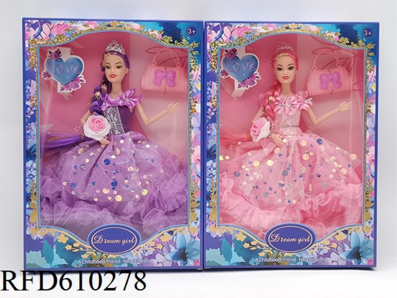 11.5 INCH 9-JOINT REAL GOLD BRAID FASHION DRESS BARBIE WITH BAG+FLOWER+CROWN