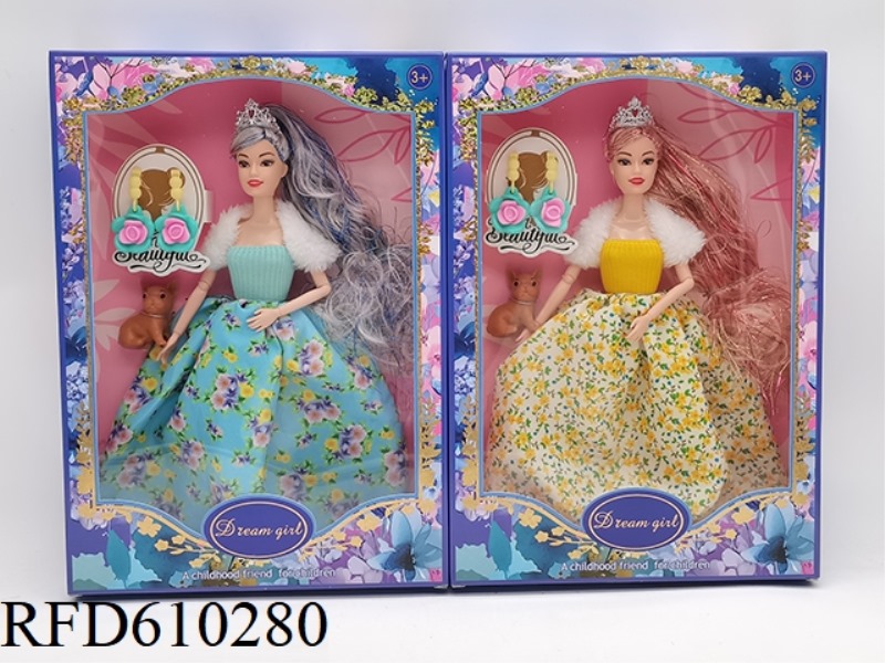 11.5-INCH 9-JOINT REAL GOLD HAIR FASHION DRESS BARBIE WITH EARRINGS+PET DOG+CROWN