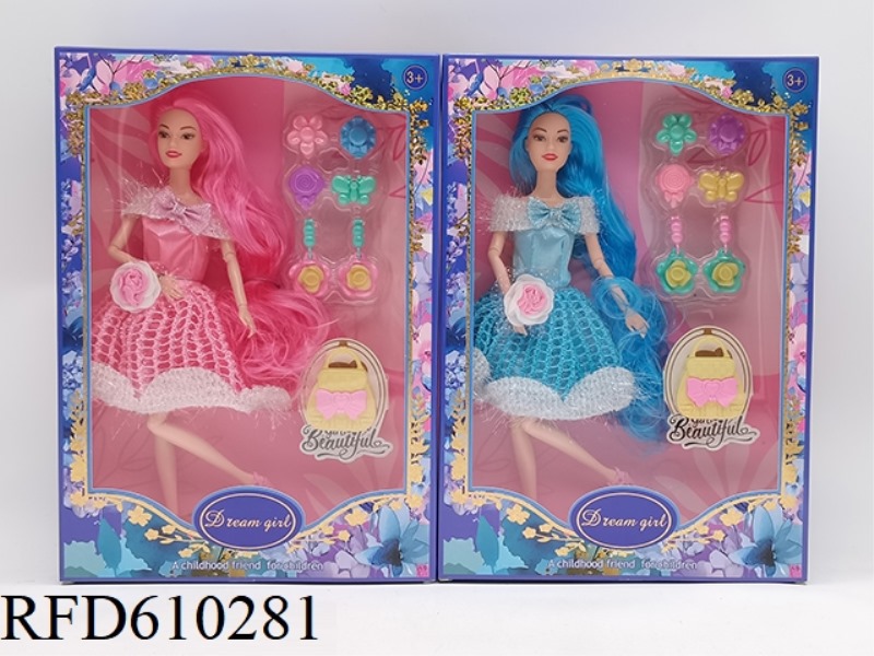 11.5 INCH 11-JOINT LONG HAIR FASHION BARBIE WITH FLOWERS+HAIRPIN BLISTER+BAG