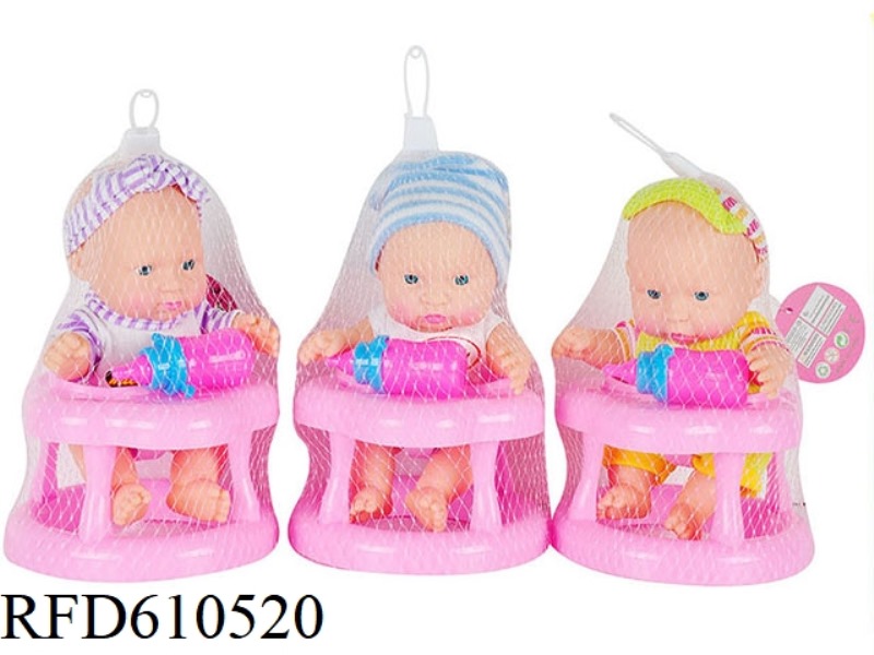 3 8-INCH VINYL EXPRESSION DOLLS WITH BABY WALKERS.