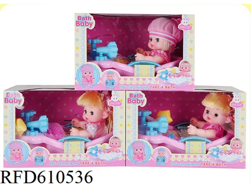 THREE 10-INCH MILU VINYL DOLLS ARE EQUIPPED WITH FUNCTIONAL BATHS.