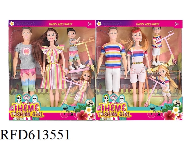 HIGH-END 11.5-INCH REAL HANDS-ON FAMILY OF FOUR FASHION BARBIE WITH EARRINGS AND SKATEBOARDS.