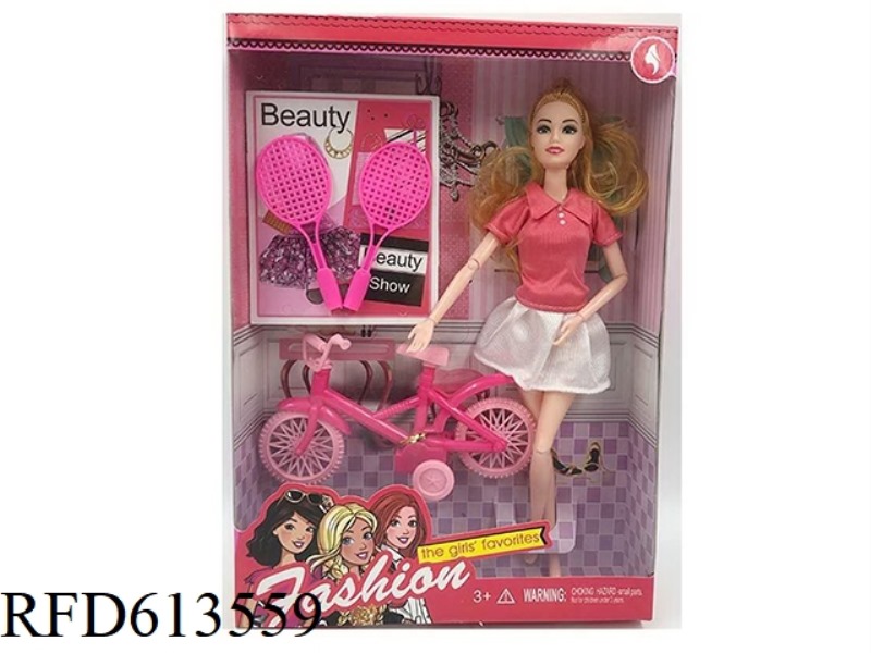 HIGH-END 11.5-INCH REAL 11-JOINT FASHION SKIRT BARBIE WITH BICYCLE AND BADMINTON RACKET ACCESSORIES.