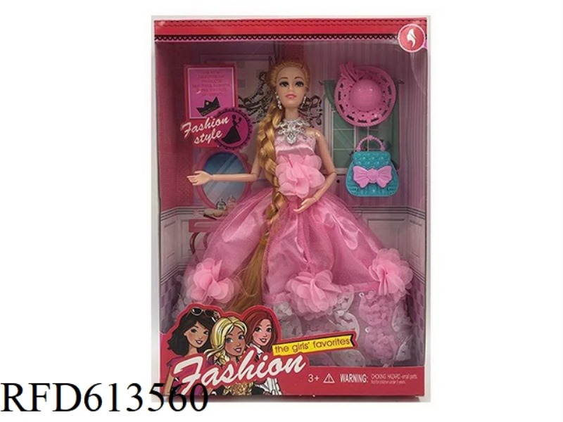 HIGH-END 11.5-INCH REAL 9-JOINT WEDDING DRESS BARBIE WITH EARRINGS, HATS AND HANDBAGS.