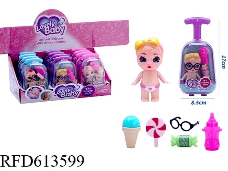 NEW CUTE VINYL DOLL WITH BOTTLE, GLASSES, CANDY AND ICE CREAM ACCESSORIES 12PCS.