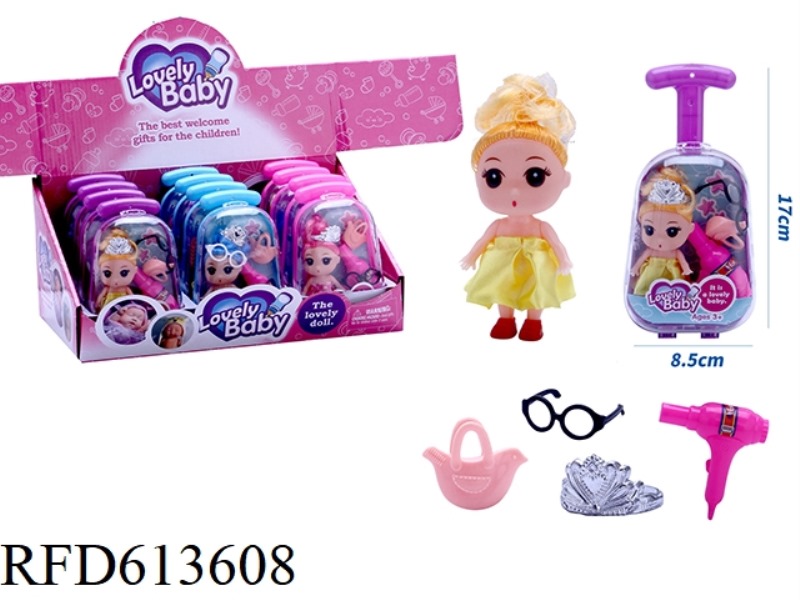 NEW CUTE SUITCASE 3.5 INCH LITTLE CONFUSED BABY WITH HAIR DRYER, HANDBAG, CROWN, GLASSES ACCESSORIES