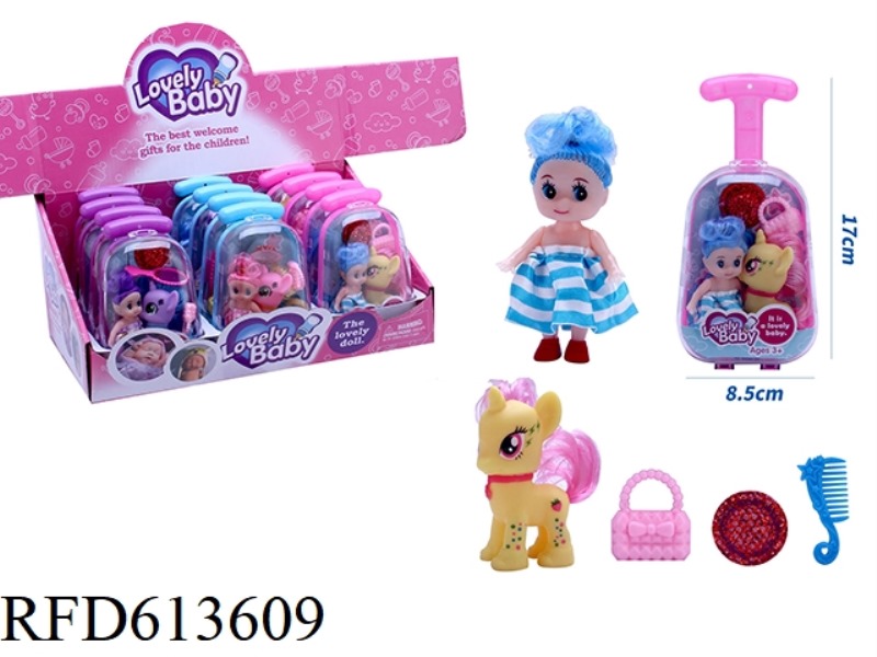 NEW CUTE SUITCASE 3.5 INCH CLOWN DOLL WITH VINYL PONY, HANDBAG, HAT, COMB ACCESSORIES 12PCS