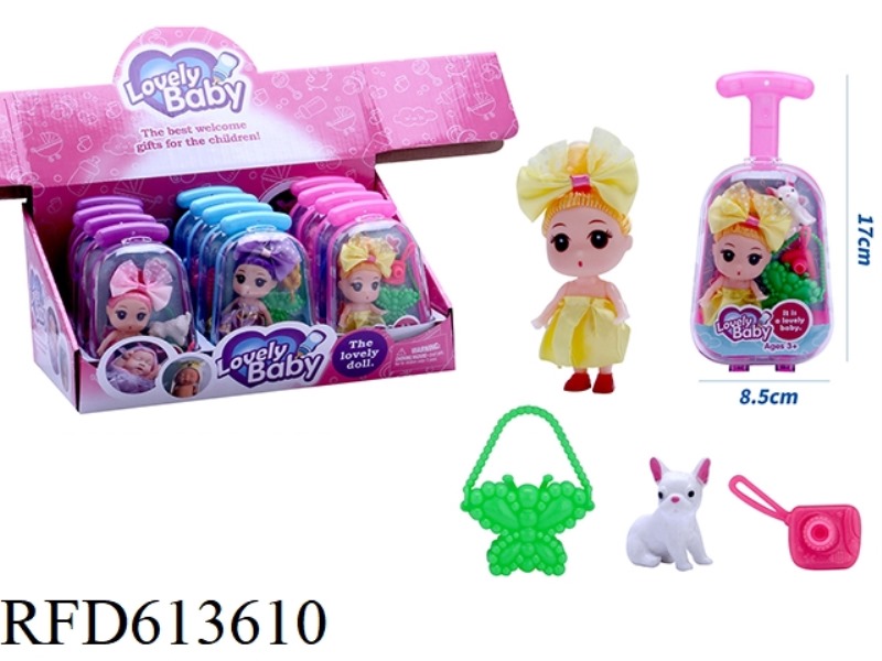 NEW CUTE SUITCASE 3.5 INCH LITTLE CONFUSED BABY WITH PET DOG, BUTTERFLY BAG, CAMERA ACCESSORIES 12PC