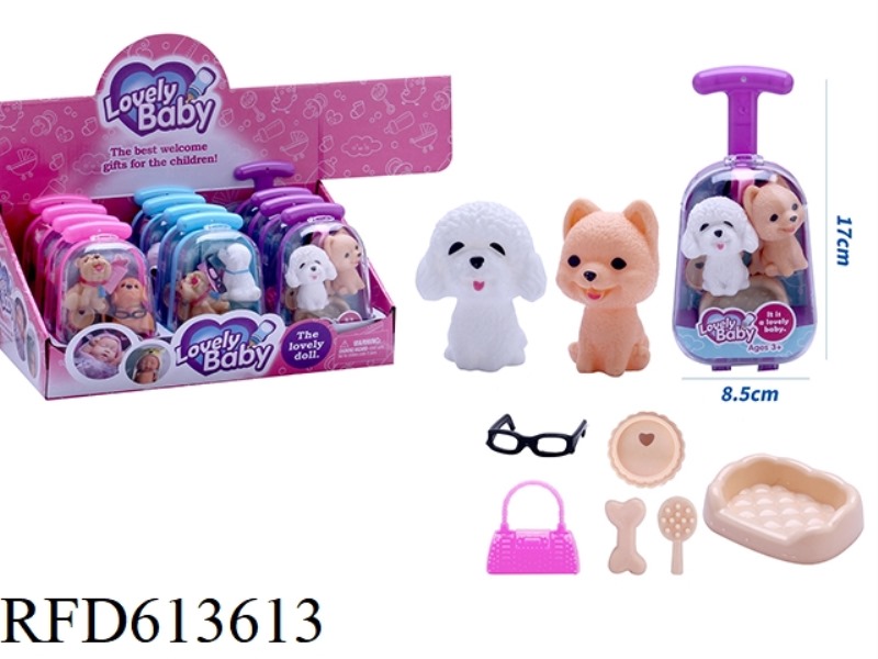 NEW CUTE SUITCASE TWO PET DOGS WITH HANDBAGS, GLASSES, DOG BASIN ACCESSORIES 12PCS