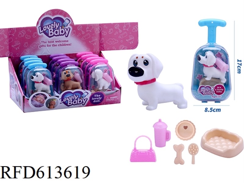 NEW CUTE SUITCASE VINYL VARIETY OF PET DOGS WITH HANDBAGS, BOTTLES, DOG BASIN ACCESSORIES 12PCS