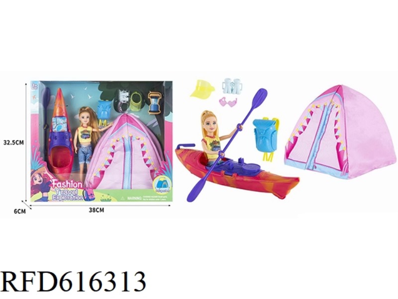 Outdoor tent set 9 inch real Barbie sister with outdoor tent big canoe bag Sun hat glasses telescope