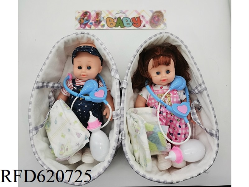 12 INCH VINYL BODY WITH HAND BASKET WITH MUSIC, BOTTLE, DIAPERS, STETHOSCOPE.