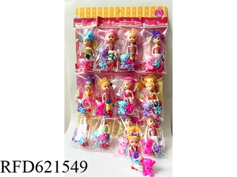 12 BAGS OF 3.5-INCH DOLLS WITH BEARS, HAIR TIES, PINWHEELS