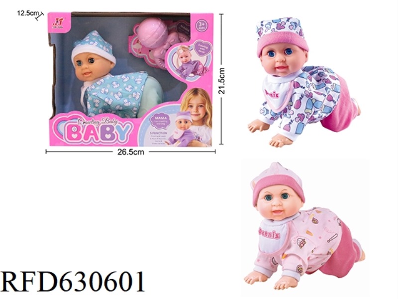 10-INCH ELECTRIC SINGING FORWARD AND BACKWARD CRAWLING DOLL WITH RATTLE.