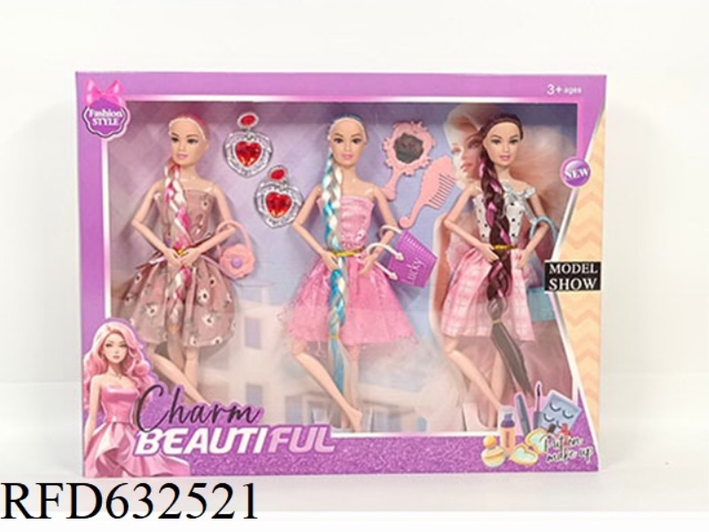 11 JOINTS 11.5 INCH LONG BRAID FASHIONABLE THREE SISTERS BARBIE DOLL GIRL WITH 3 FASHIONABLE HANDBAG