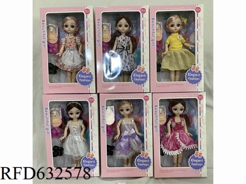 12 INCH JOINTED BIG EYED DOLL WITH LITTLE RED BEAR. 1 PAIR OF SHOES, 6 STYLES MIXED