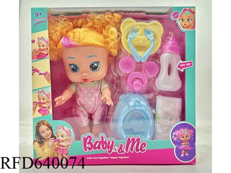 12-INCH FULL-BODY VINYL CRYING DOLL CRY BABY HAS MUSIC WITH BOTTLE NIPPLE TABLEWARE SET ACCESSORIES.