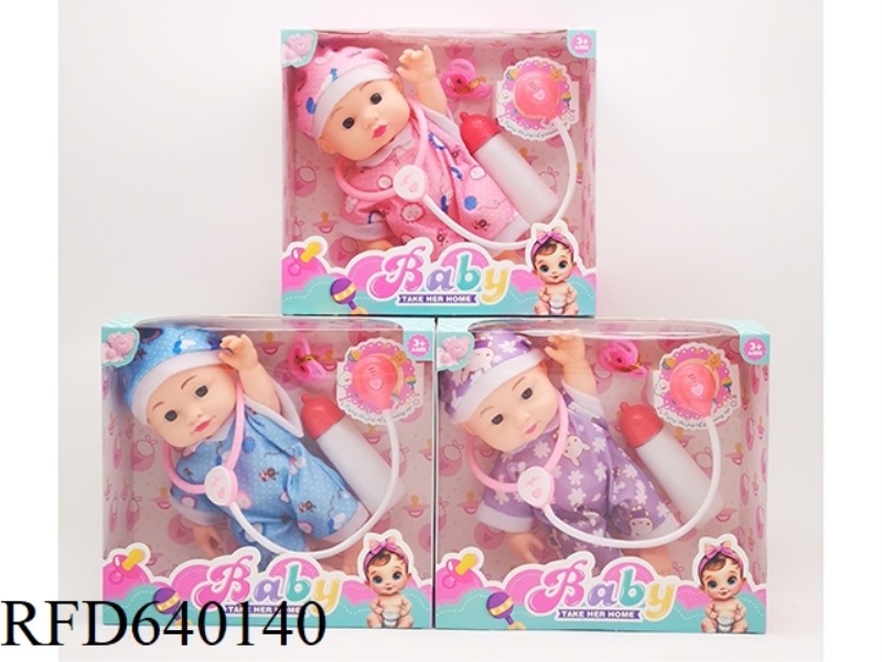10 INCH VINYL BOY DOLL WITH MUSIC+BOTTLE+STETHOSCOPE+NIPPLE