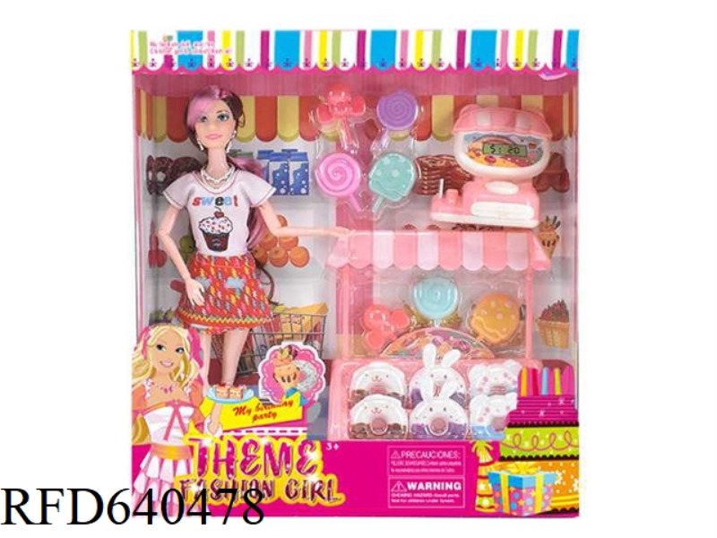 HIGH-END 11.5-INCH SOLID 11-JOINT FASHION SKIRT BARBIE WITH EARRINGS, NECKLACE, LOLLIPOP DONUT BLIST