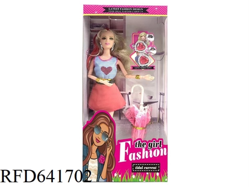 11.5-INCH FULL-BODY 9-JOINT SHORT DRESS BARBIE WITH EARRINGS, BRACELETS, UMBRELLA ACCESSORIES