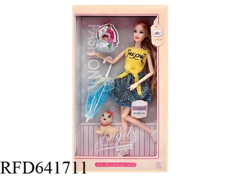 11.5-INCH FULL-BODY 11-JOINT FASHION SKIRT BARBIE WITH PET DOG, UMBRELLA, HANDBAG ACCESSORIES