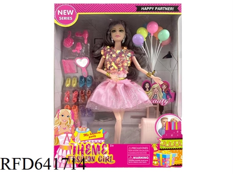11.5-INCH FULL-BODY 11-JOINT SHORT DRESS BARBIE WITH EARRINGS, BRACELETS, LUGGAGE, BALLOONS, SHOE BL
