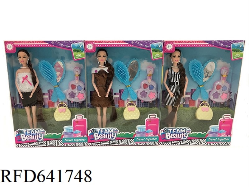 11.5 INCH SOLID 9 JOINT FASHION SKIRT BARBIE WITH EARRINGS, NECKLACE, HAIRBRUSH, MIRROR, HANDBAG