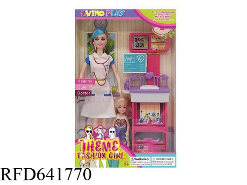 11.5 INCH LIVE HAND DOCTOR THEMED BARBIE WITH EARRINGS, BABY, ECG ACCESSORIES