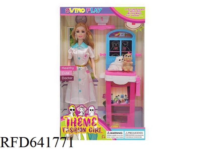 11.5 INCH BODY DOCTOR BARBIE WITH EARRINGS AND DOG ACCESSORIES