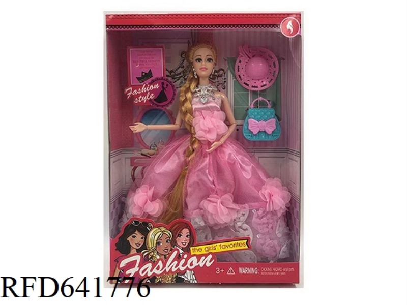 11.5 INCH SOLID 9 JOINT WEDDING DRESS BARBIE WITH EARRINGS, HAT, HANDBAG